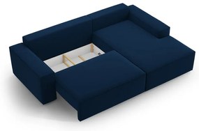 Tmavomodrá zamatová rozkladacia/s úložným priestorom rohová pohovka (pravý roh/s leňoškou) Jodie – Micadoni