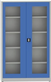 Zváraná policová skriňa s dverami s plexisklom, 1950 x 1200 x 400 mm, sivá/modrá