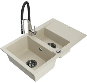 Mexen Gaspar, 1,5-komorový granitový drez 737x475x177 mm a drezová batéria Aster, béžová, 6507-69-73450-07-B