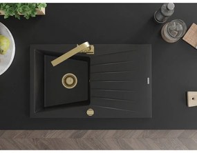 Mexen Cesar, granitový drez 775x470x190 mm, 1-komorový, čierna so zlatým sifónom a zlatá drezová batéria Rita, 6514-77-670300-50