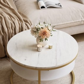 KONFERENČNÝ STOLÍK LEONARDO S POLICOU BIELY MRAMOR + ZLATÝ