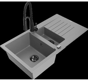 Mexen Matias granitový 1,5-komorový drez s odkvapkávačom a kuchynskou batériou Aster, Šedá - 6502-71-73450-70-B