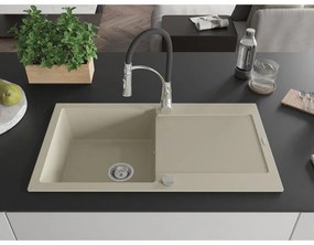 Mexen Leo, granitový drez 900x500x190 mm, 1-komorový a drezová batéria Aster, béžová, 6501-69-73450-07
