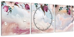 Obraz ružových kvetov s ružovým mramorom (s hodinami) (90x30 cm)