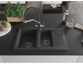 Mexen Gaspar, granitový drez 737x475x177 mm, 1,5-komorový a drezová batéria Duo, čierna škvrnitá, 6507-76-671701-07-B