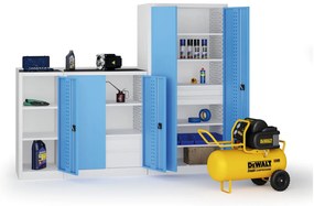 Policová dielenská skriňa 2-dverová, 2 police + 4 zásuvky, 1180 × 950 × 500 mm, modré dvere