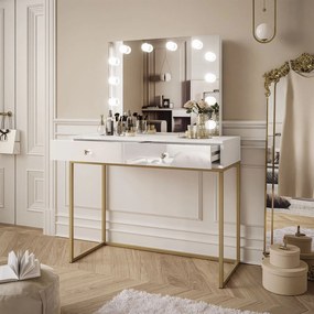 Kozmetický stolík so zrkadlom GWEN biely lesk + zlatá podnož