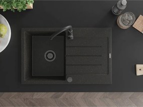Mexen Bruno, granitový drez 795x495x200 mm, 1-komorový, čierna so zlatou metalízou a čiernym sifónom, 6513791010-75-B