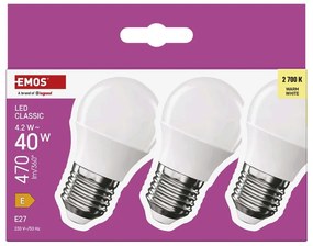 Teplé biele LED žiarovky v súprave 3 ks E27, 4 W – EMOS