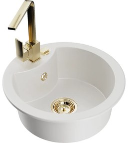 Mexen Diego, 1-komorový granitový drez 488x488x167 mm, zlatý sifón, zlatá batéria Rita, biela, 6512-20-670300-50