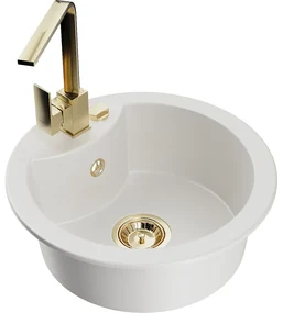 Mexen Diego, 1-komorový granitový drez 488x488x167 mm, zlatý sifón, zlatá batéria Rita, biela, 6512-20-670300-50