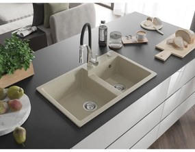 Mexen Tomas, 2-komorový granitový drez 800x500x190 mm a drezová batéria Aster, béžová, 6516-69-73450-07