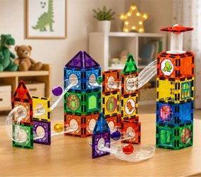 LEAN Toys Magnetické stavebné kocky – dráha pre guličky STEM s motívom dinosaurov, 92 dielov