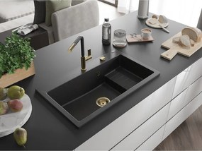 Mexen Omar, 1-komorový granitový drez 800x480x210 mm, čierna-strieborná metalíza, zlatý sifón, 6520801005-73-G