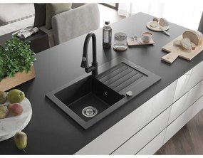 Mexen Pablo, 1-komorový granitový drez 752x436x161 mm a drezová batéria Elia, čierna, 6510-77-670101-70