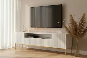 TV stolík Nicole 200 cm s otvorenou policou a zásuvkami - biely mat / zlaté nohy