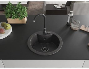 Mexen Diego, 1-komorový granitový drez 488x488x167 mm, čierny sifón, čierna matná batéria Telma, čierna škvrnitá, 6512-76-670200-70-B
