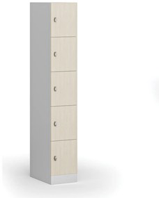 Šatníková skrinka s úložnými boxmi, 5 boxov, 1850 x 300 x 500 mm, otočný zámok, laminované dvere, breza