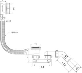 Erga Pureline, vaňová odtoková a prepadová súprava, dĺžka 650 mm, bowden, chrómová, ERG-V08-PURELINE-SIPHON60-CR