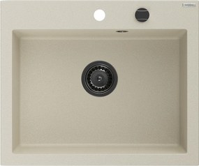 Mexen Elix, 1-korový granitový drez 600 x 500 mm, béžová, čierny sifón, 6525601005-69-B
