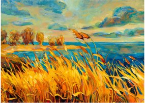 Obraz - Západajúce slnko nad jazerom, akrylová maľba (70x50 cm)