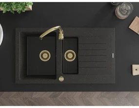 Mexen Matias - drez granitový 900x505x200 mm, 1,5-komorový, čierna-zlatá metalíza so zlatým sifónom, 6502901505-75-G