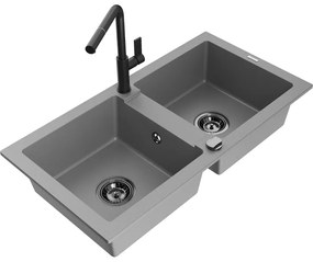 Mexen Mario, 2-komorový granitový drez 820x436x161 mm a drezová batéria Flora, šedá, 6504-71-670401-70-B