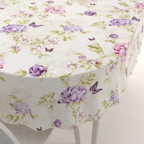 Biante Bavlnený oválny obrus Sandra SA-532 Fialové kvety s motýlikmi na svetlo krémovom 120x180 cm