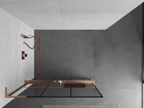 Mexen Kioto+ L, sprchová zástena Walk-In s poličkou a vešiakom 100 x 200 cm, 8mm číre sklo čierny vzor, medený matný profil, 800-100-123-65-77