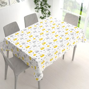 Biante Detský bavlnený obdĺžnikový obrus Sandra SA-725 Medvedíky na žlto-sivých obláčikoch na bielom 60x100 cm