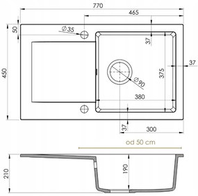 Sink Quality Ferrum, kuchynský granitový drez 770x450x190 mm + sifón, biela, SKQ-FER.W.1KDO.X
