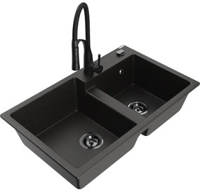Mexen Tomas, 2-komorový granitový drez 800x500x190 mm a drezová batéria Aster, čierna-zlatá metalíza, 6516-75-73450-70-B