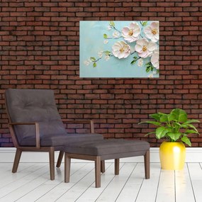 Sklenený obraz - Kvietky na modrom pozadí (70x50 cm)