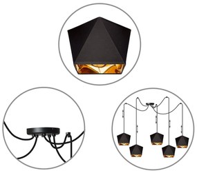 Závesné svietidlo Diamond Gold Spider, 5x čierne/zlaté textilné tienidlo