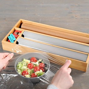 Rezačka a držiak na alobal, fóliu, papier na pečenie – bambusový, 4 priehradky