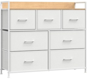 Komoda so 7 látkovými zásuvkami, kovový rám, farba dub a biela