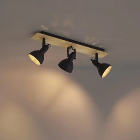 Stropný reflektor čierny s drevom 3-svetelný otočný a sklopný - Jakub