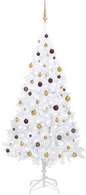 Osvetlený umelý vianočný stromček s guľami, biely 240 cm 3077543