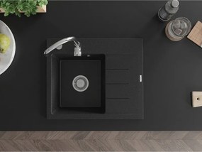 Mexen Ben, 1-komorový granitový drez 600x500x190 mm, ľavý+ chrómový sifón, čierna-strieborná metalíza, 6522605000-73