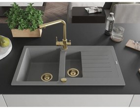 Mexen Matias, granitový drez 900x505x200 mm, 1,5-komorový a zlatá batéria Duero, šedá, 6502-71-671600-50