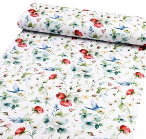 Biante Teflónový behúň na stôl TF-116 Akvarelové kvety s kolibríkmi na bielom 45x180 cm