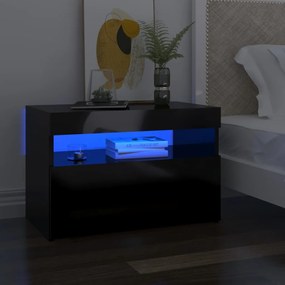 Nočný stolík a LED svetlá lesklý čierny 60x35x40 cm