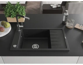 Mexen Elias, 1-komorový granitový drez 795x480x200 mm a drezová batéria Flora, čierna, 6511-77-670401-07