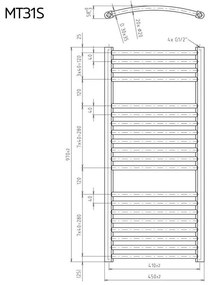 Mereo, Vykurovací rebrík 450x1330 mm, oblý, biely, stredové pripojenie, MER-MT32S