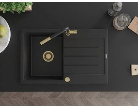 Mexen Bruno, 1-komorový granitový drez 795x495x200 mm a drezová batéria Flora, čierna, 6513-77-670401-57-G