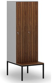 Drevená šatníková skrinka S4 s lavičkou, 2 oddiely, 1871 x 600 x 500/800 mm, demont, cylindrický zámok, sivá/orech