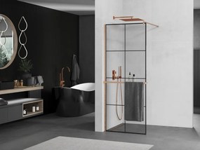 Mexen Kioto+, sprchová zástena Walk-In s poličkou a vešiakom 70 x 200 cm, 8mm číre sklo čierny vzor, medený matný profil, 800-070-121-65-77