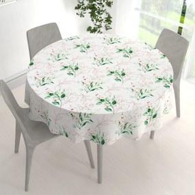 Biante Bavlnený okrúhly obrus Sandra SA-706 Zeleno-hnedé vetvičky s lístkami na bielom Ø 140 cm