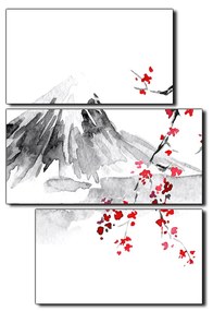 Obraz na plátne - Tradičné sumi-e obraz: sakura, slnko a hory - obdĺžnik 7271D (105x70 cm)