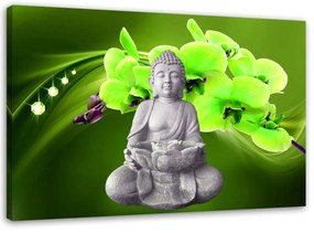 Obraz na plátně DECOR Sedící Buddha Zelený květ - 90x60 cm